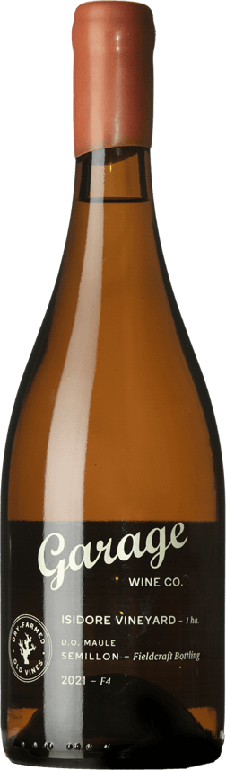 En glasflaska med Garage Wine Co. Isidore Vineyard Semillon 2021, ett vitt vin från Valle Central i Chile
