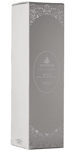 En glasflaska med Sugrue Rosé Ex Machina 2018, en mousserande från England i Storbritannien