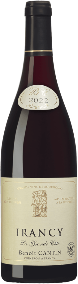 En glasflaska med Domaine Benoit Cantin Irancy La Grande Côte 2022, ett rött vin från Bourgogne i Frankrike