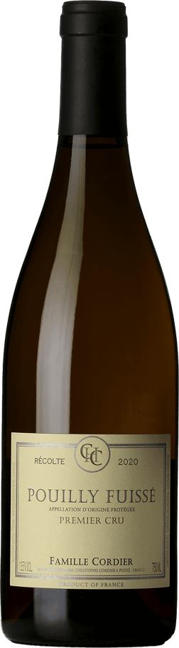 En glasflaska med Domaine Cordier Pouilly-Fuissé 1er Cru 2020, ett vitt vin från Bourgogne i Frankrike