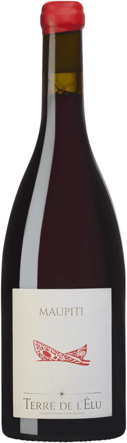 En glasflaska med Terre de l'Élu Maupiti 2023, ett rött vin från Frankrike