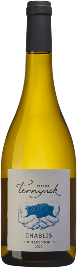 En glasflaska med Domaine Ternynck Chablis Vieilles Vignes 2022, ett vitt vin från Bourgogne i Frankrike
