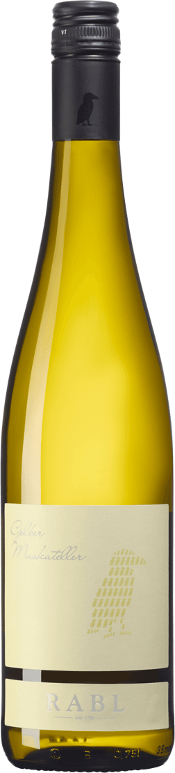 En glasflaska med Rabl Gelber Muskateller Langenlois 2024, ett vitt vin från Niederösterreich i Österrike