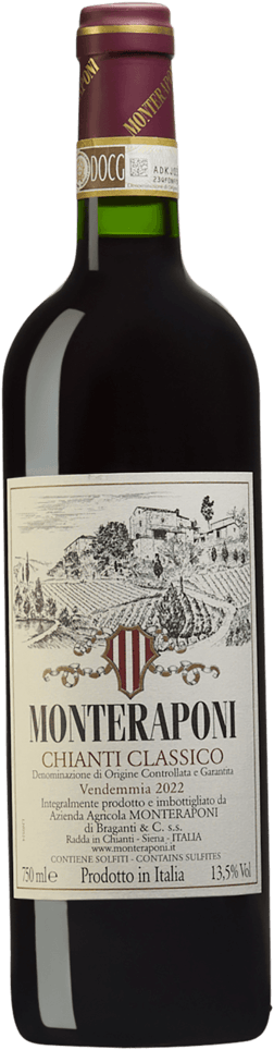 En glasflaska med Monteraponi Chianti Classico 2022, ett rött vin från Toscana i Italien