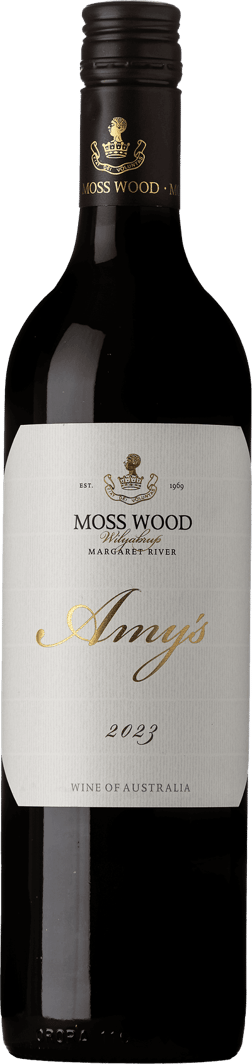 En glasflaska med Moss Wood Amy's 2023, ett rött vin från Western Australia i Australien