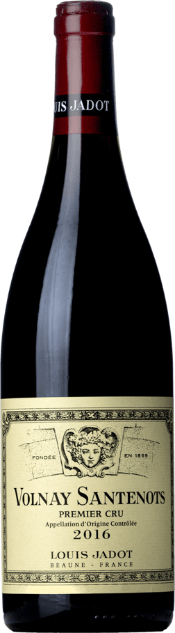 En glasflaska med Maison Louis Jadot Volnay Santenots Premier Cru 2016, ett rött vin från Bourgogne i Frankrike
