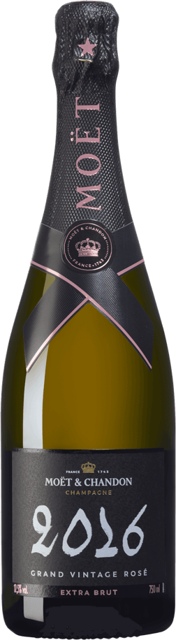 En glasflaska med Moët & Chandon Grand Vintage Rosé Extra Brut 2016, ett champagne från Champagne i Frankrike
