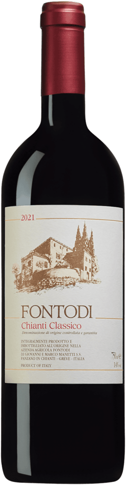 En glasflaska med Fontodi Chianti Classico 2021, ett rött vin från Toscana i Italien