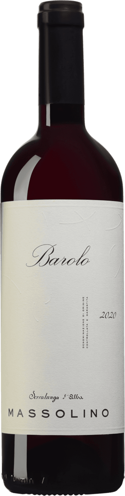 En glasflaska med Massolino Barolo 2020, ett rött vin från Piemonte i Italien