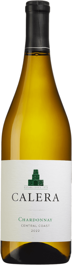 En glasflaska med Calera Central Coast Chardonnay 2022, ett vitt vin från Kalifornien i USA