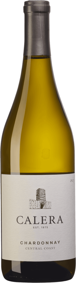 En glasflaska med Calera Central Coast Chardonnay 2023, ett vitt vin från Kalifornien i USA