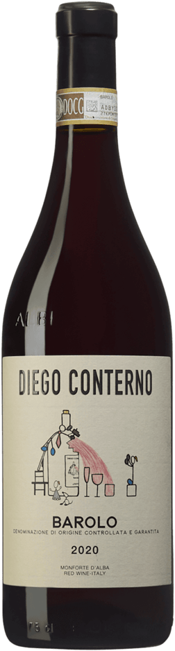 En glasflaska med Diego Conterno Barolo 2019, ett rött vin från Piemonte i Italien