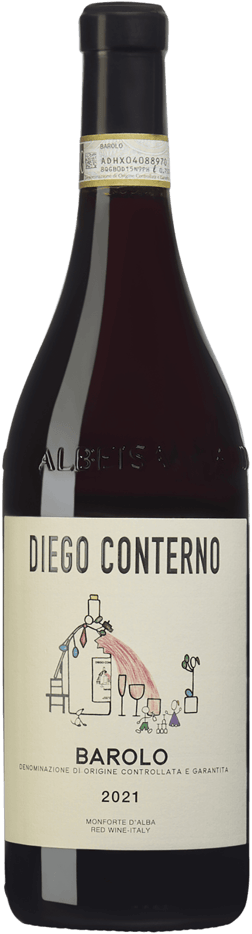 En glasflaska med Diego Conterno Barolo 2021, ett rött vin från Piemonte i Italien