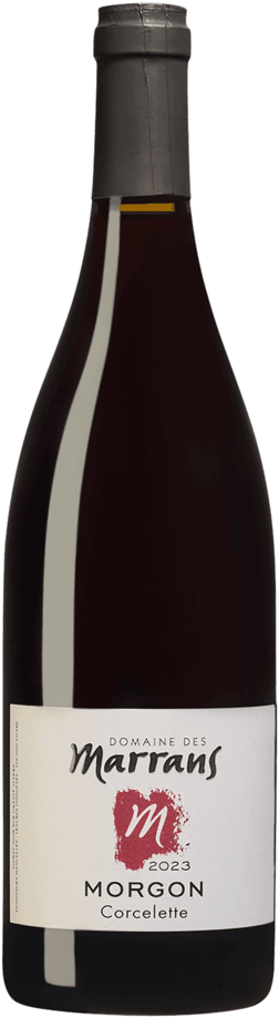 En glasflaska med Domaine des Marrans Morgon Corcelette 2023, ett rött vin från Bourgogne i Frankrike