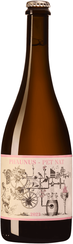 En glasflaska med Aphros Phaunus Pet Nat Rosé 2023, en mousserande från Portugal