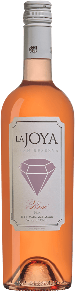 En lättare glasflaska med Vina Bisquertt La Joya Gran Reserva Rosado 2024, en rosévin från Valle Central i Chile