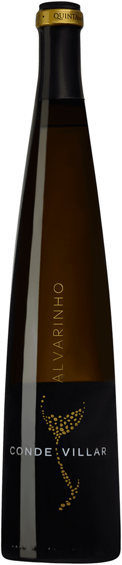 En glasflaska med Quinta das Arcas Conde Villar Alvarinho Superior 2023, ett vitt vin från Vinho Verde i Portugal