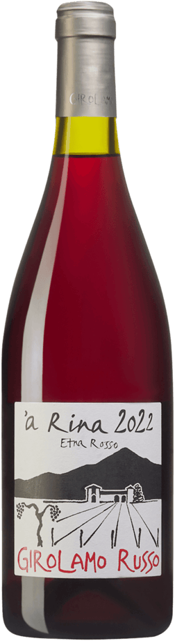 En lättare glasflaska med Girolamo Russo 'a Rina Etna Rosso 2022, ett rött vin från Sicilien i Italien