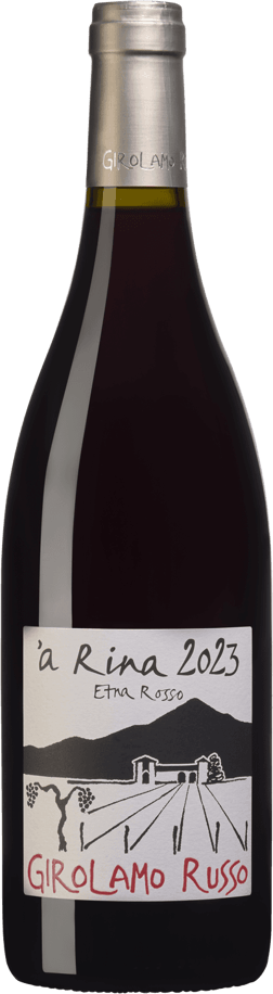 En lättare glasflaska med Girolamo Russo 'a Rina Etna Rosso 2023, ett rött vin från Sicilien i Italien