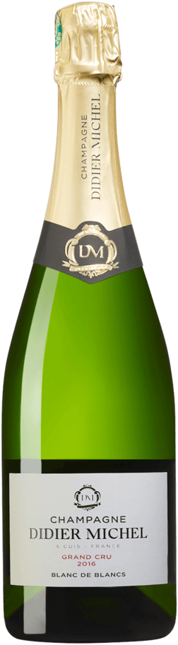 En glasflaska med Champagne Didier Michel Grand Cru 2015, ett champagne från Champagne i Frankrike