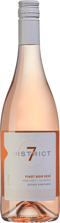 En glasflaska med District 7 Pinot Noir Rosé, en rosévin från Kalifornien i USA