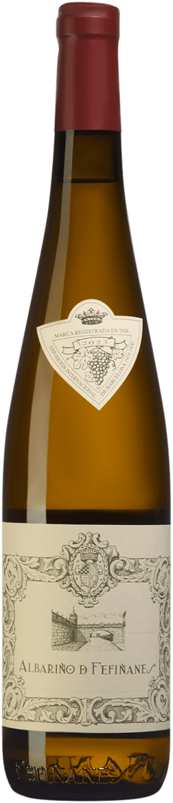 En glasflaska med Albariño de Fefiñanes 2023, ett vitt vin från Galicien i Spanien