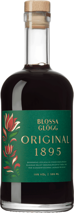 En glasflaska med Blossa Glögg Original 1895, en glögg och Glühwein från Internationellt märke