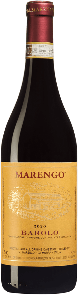 En glasflaska med Marengo Barolo 2020, ett rött vin från Piemonte i Italien