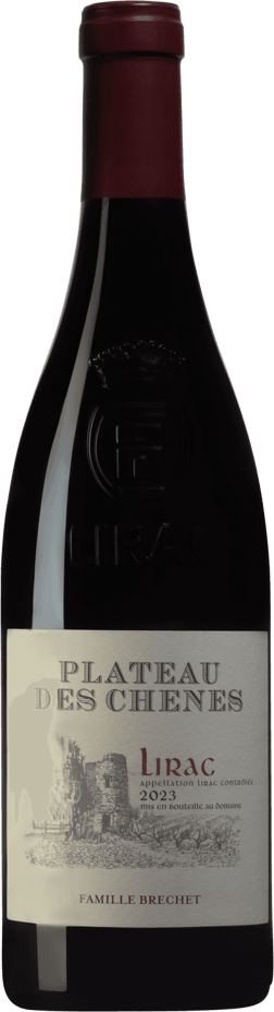 En glasflaska med Famille Brechet Plateau des Chênes 2023, ett rött vin från Rhonedalen i Frankrike