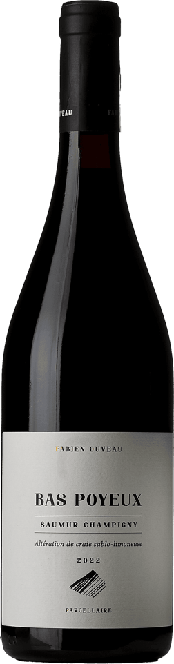 En glasflaska med Fabien Duveau Les Bas Poyeux Saumur-Champigny 2022, ett rött vin från Loiredalen i Frankrike