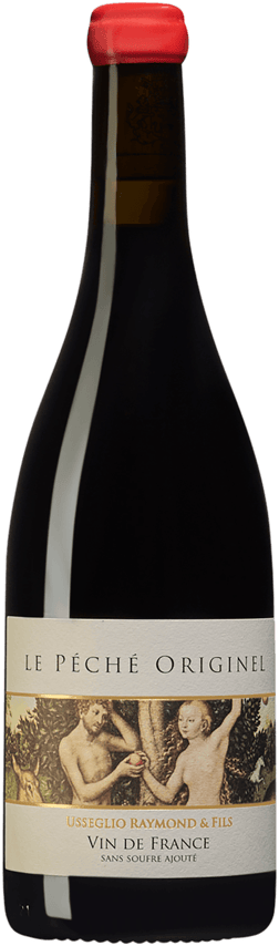 En glasflaska med Domaine Raymond Usseglio & Fils Le Peche Originel 2023, ett rött vin från Frankrike