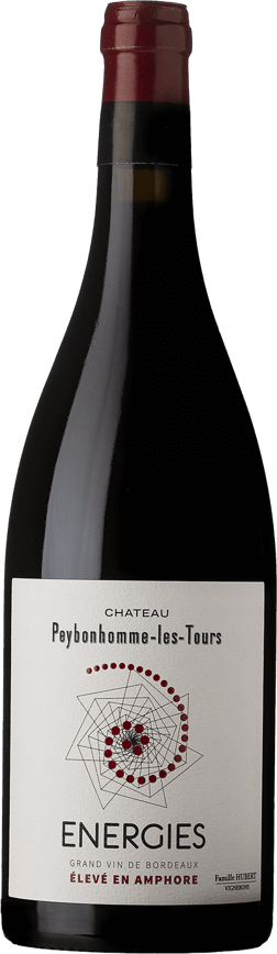 En glasflaska med Vignobles Bossuet-Hubert Energies 2021, ett rött vin från Bordeaux i Frankrike