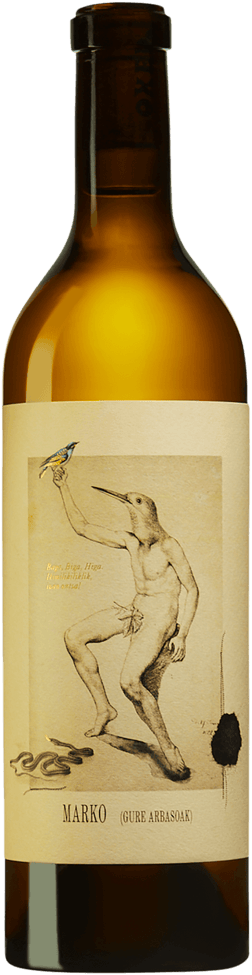 En glasflaska med Oxer Wines Marko Gure Arbasoak 2023, ett vitt vin från Baskien i Spanien