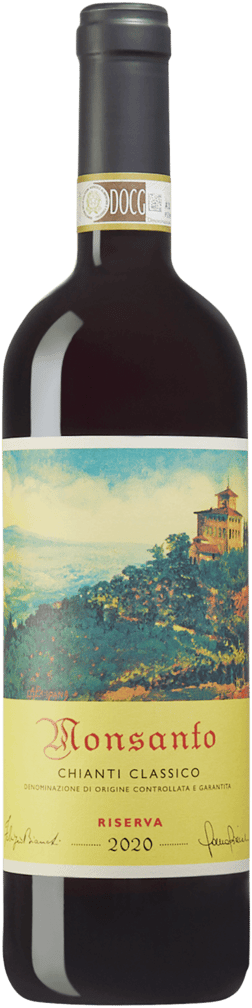 En glasflaska med Castello di Monsanto Chianti Classico Riserva 2020, ett rött vin från Toscana i Italien