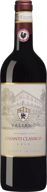 En glasflaska med Valiano Chianti Classico, ett rött vin från Toscana i Italien