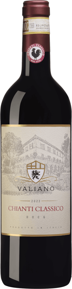 En glasflaska med Valiano Chianti Classico 2022, ett rött vin från Toscana i Italien