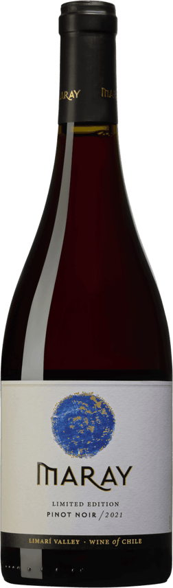 En glasflaska med Viña Tabali Maray Limited Edition Pinot Noir 2021, ett rött vin från Coquimbo i Chile