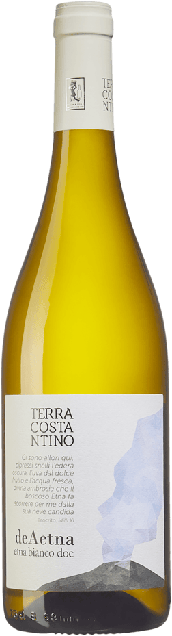 En lättare glasflaska med DeAetna Bianco Terra Costantino 2022, ett vitt vin från Sicilien i Italien