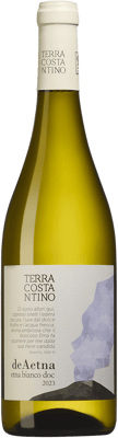 En lättare glasflaska med DeAetna Bianco Terra Costantino, ett vitt vin från Sicilien i Italien