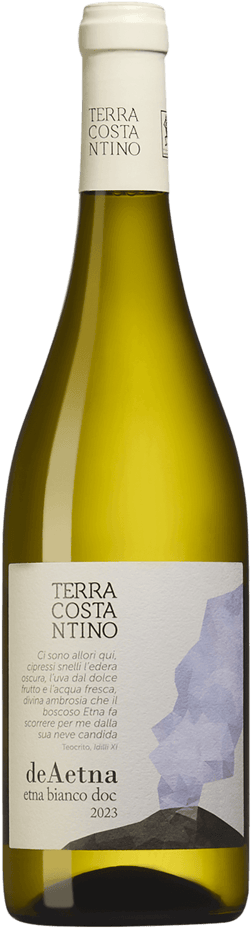 En lättare glasflaska med DeAetna Bianco Terra Costantino 2022, ett vitt vin från Sicilien i Italien