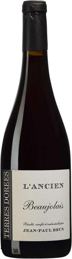 En glasflaska med Terres Dorées Beaujolais L'Ancien 2022, ett rött vin från Bourgogne i Frankrike