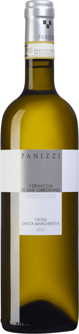 En glasflaska med Vernaccia di San Gimignano Vigna Santa Margherita 2023, ett vitt vin från Toscana i Italien
