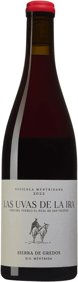 En glasflaska med Vitícola Mentridana Las Uvas de la Ira 2022, ett rött vin från Kastilien-La Mancha i Spanien