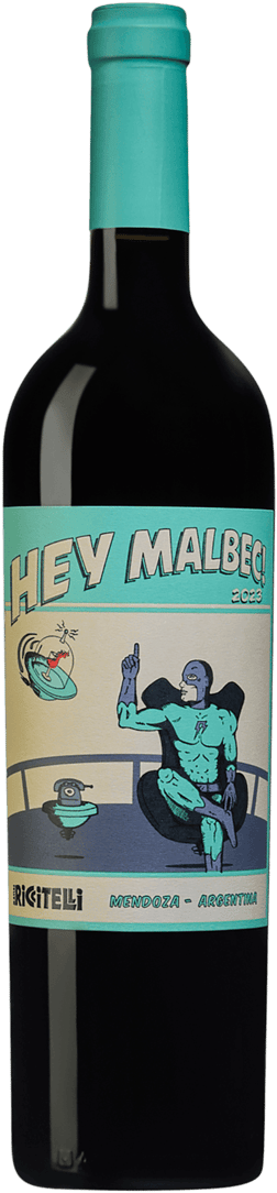 En glasflaska med Riccitelli Hey Malbec 2023, ett rött vin från Cuyo i Argentina