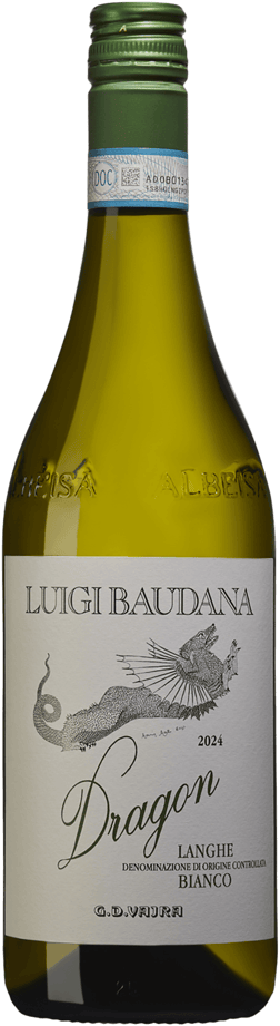 En glasflaska med Luigi Baudana Langhe Bianco Dragon 2024, ett vitt vin från Piemonte i Italien