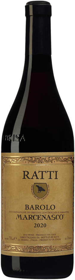 En glasflaska med Ratti Barolo Marcenasco 2019, ett rött vin från Piemonte i Italien