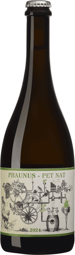 En glasflaska med Aphros Phaunus Pet Nat White 2024, en mousserande från Portugal