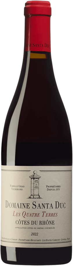 En lättare glasflaska med Domaine Santa Duc Les Quatre Terres Côtes du Rhône 2021, ett rött vin från Rhonedalen i Frankrike