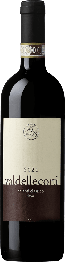 En glasflaska med Val delle Corti Chianti Classico 2021, ett rött vin från Toscana i Italien