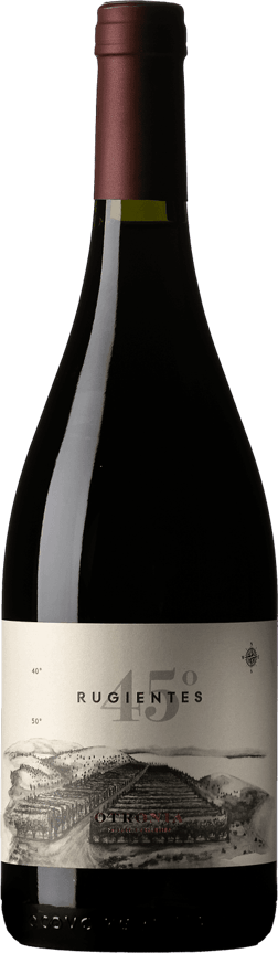 En glasflaska med Bodega Argento Otronia 45 Rugientes Pinot Noir 2021, ett rött vin från Patagonien i Argentina